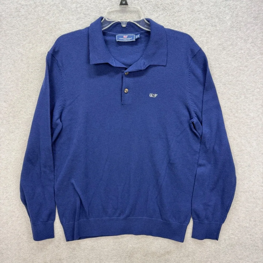 Vineyard Vines Polo Sweater Men Medium Blue Wool Blend Long Sleeve Whale Classic